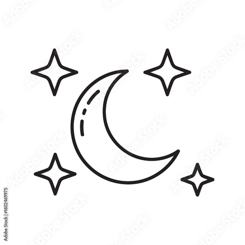 Night sky icon with crescent moon and stars representing sleep dreams nighttime and a peaceful evening scene for relaxation or weather forecast