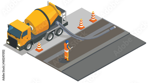 Isometric view of a concrete mixer truck pouring concrete into a road construction site with worker present