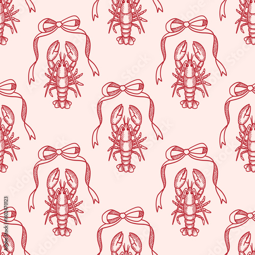 Preppy coquette seamless pattern of lobster, bow ribbons. Marine elegance damask design of crawfish with pincers. Underwater animal, seafood. Summer print for fabric, wallpaper, wrapping paper