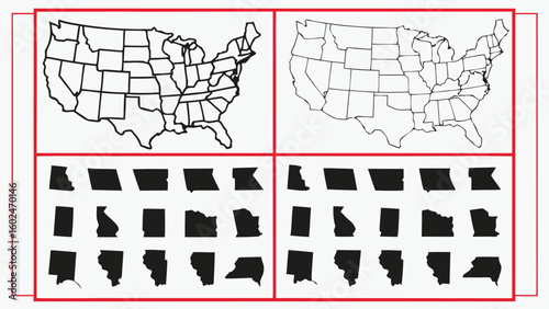 United States map outlines and state silhouettes vector