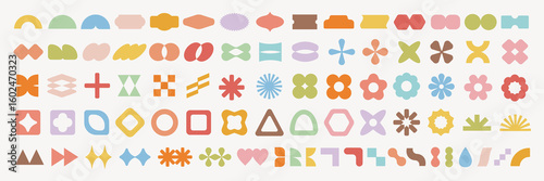 Pastel vectors. Colorful geometric shapes in a variety of styles. Shapes include circles, squares, triangles, and more. Bright and vibrant geometric patterns. Pastel elements, vector set.