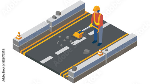 Isometric view of road repair with worker using jackhammer and safety barriers on construction site