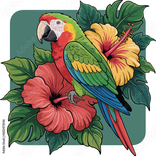 Vibrant macaw perched among lush tropical hibiscus flowers parrot tropical bird