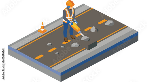 Isometric view of construction worker using jackhammer on damaged road with traffic cone nearby