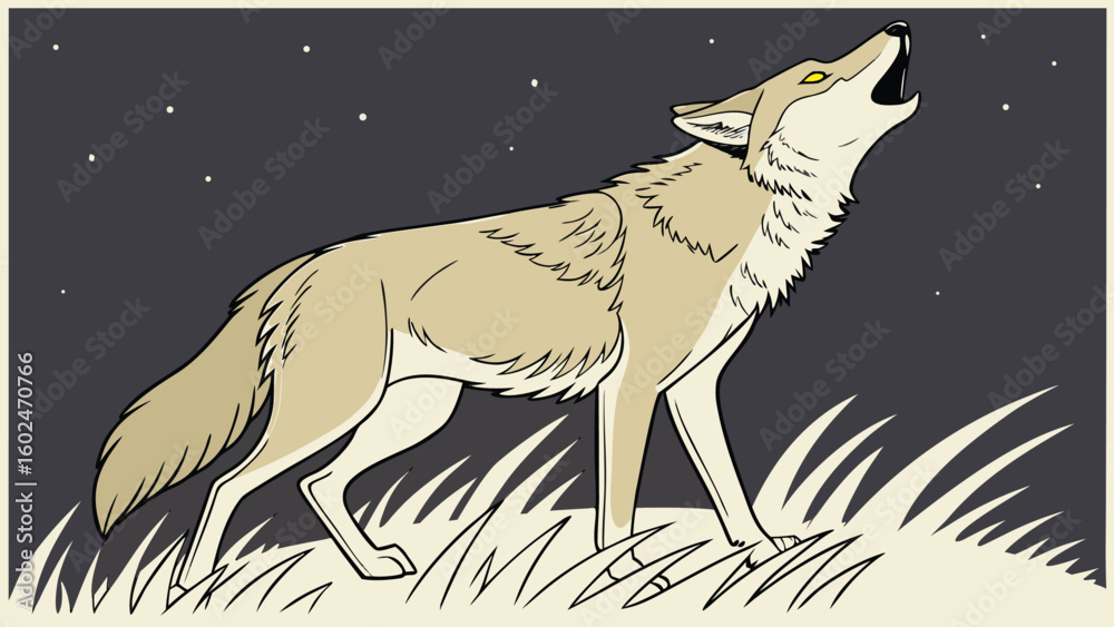 Obraz premium Vector Illustration of a Howling Coyote in Desert Landscape with Moon Silhouette