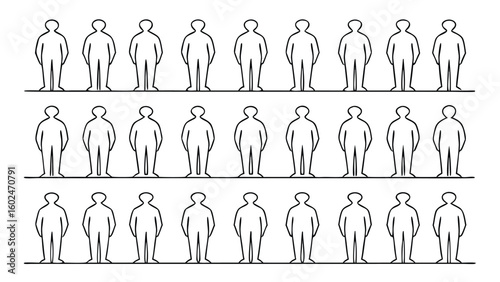 Three rows of identical stick figure people outlined in black