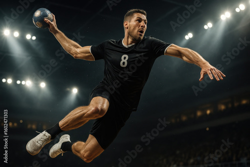 Photorealistic handball player captured mid-air during jump shot with visible tension and sweat under arena lights. Concept of explosive strength, focus, agility, and elite team sports competition.
