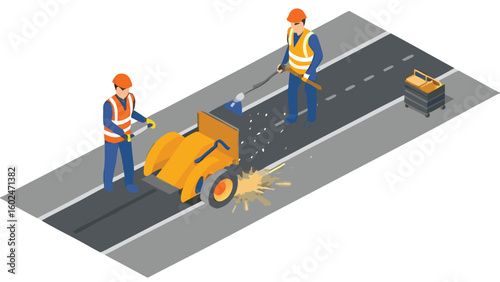 Two workers repairing road with yellow machine and cleaning equipment on an asphalt surface area