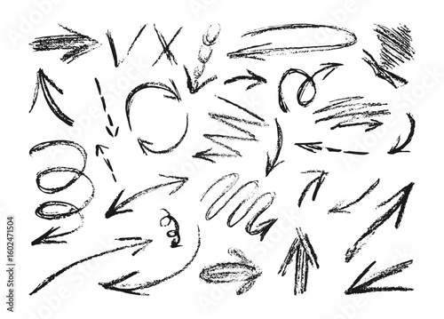 Hand drawn black arrows with curvy lines set. Dry brush strokes with grunge. Handwritten direction element isolated on white background. Pencil wavy pointers