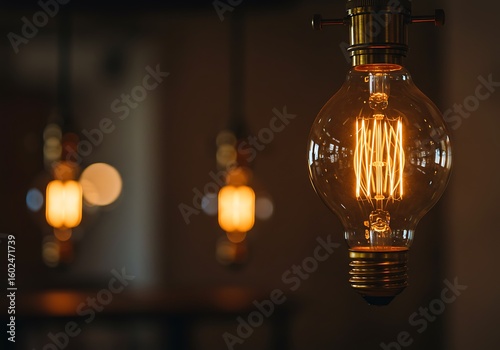 Close-up of a glowing vintage Edison light bulb with warm orange filaments, creating a cozy and ambient lighting effect with blurred background.