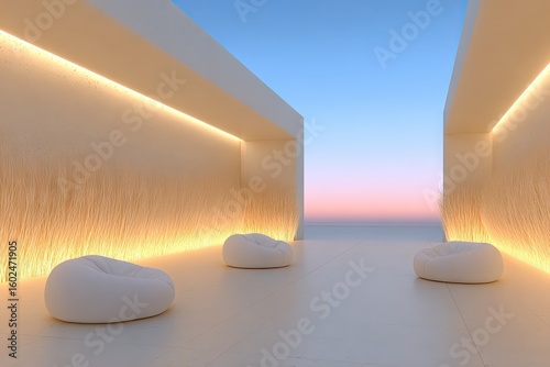 Modern rooftop terrace with minimalist seating and stunning sunset view