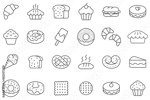 Delicious Bakery and Pastry line Icon set. Food line icon vector set.  Baking line icons set with sweet cream pastry desserts. Bakery, pastry icons vector illustration. 
