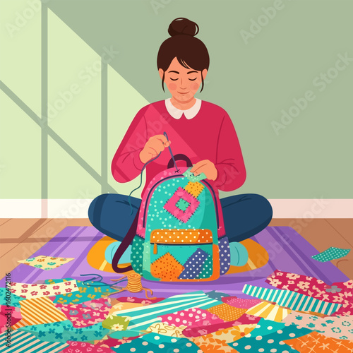 Smiling Woman Sewing Colorful Patchwork Backpack on Floor