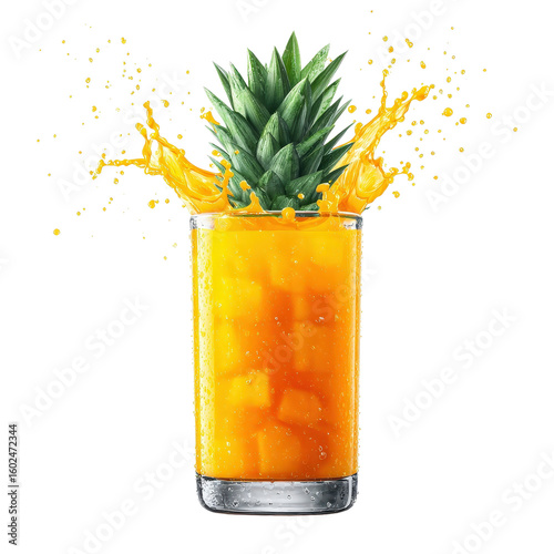 Fresh Pineapple Juice with Splash in Clear Glass on Transparent Background