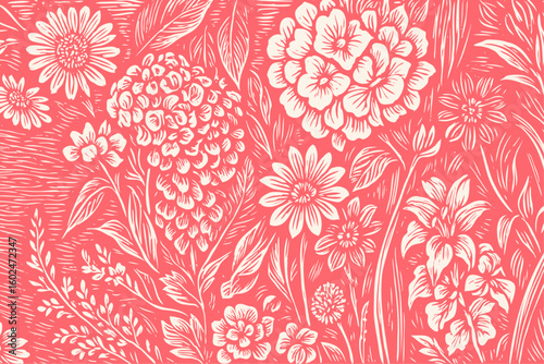 A beautiful floral background of dense garden flowers and leaves. A detailed vector illustration in a vintage woodcut or linocut engraving style.