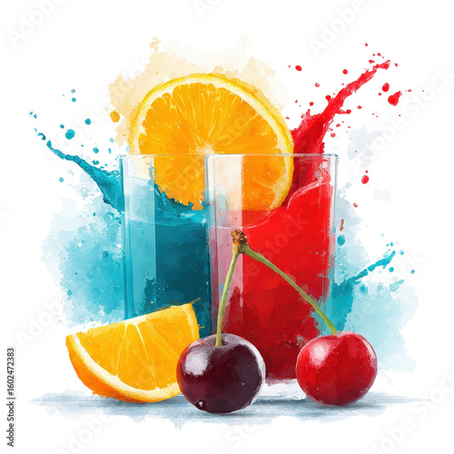 Colorful Fruit Juices with Orange Lemon Cherries Splash in Glasses