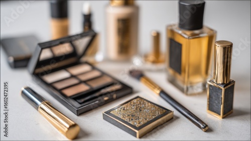 Elegant makeup assortment with golden accents on a neutral background, luxury look