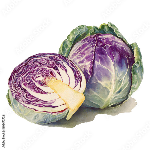 Fresh Purple Cabbage and Red Onion Half with Green Outer Leaves on Transparent Background
