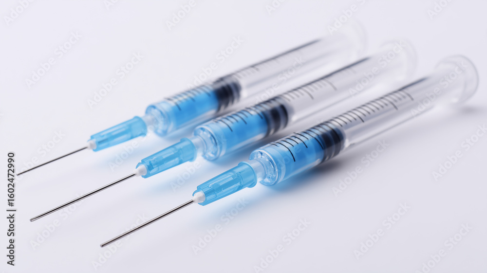 This Syringes filled with blue liquid stand ready for use in medical treatments involving injections. This Syringes filled with blue liquid stand ready for use in medical treatments involving injections.