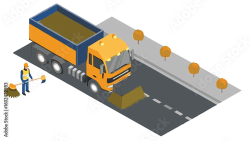 Isometric view of a street sweeper truck and worker cleaning debris on a road with trees nearby
