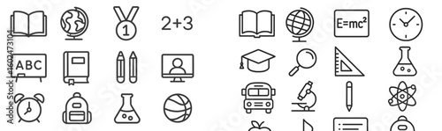 Education related icons featuring symbols of learning, achievement, and scientific exploration displayed in a structured format