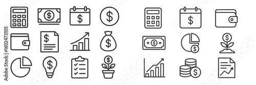 Financial symbols and icons representing budgeting, saving, and investing concepts