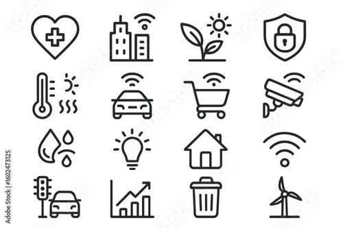 Icons representing smart city technology and sustainability in modern urban environments