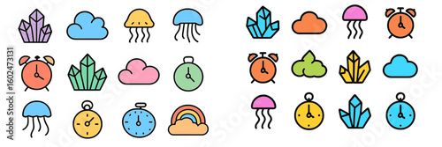 Colorful collection of clock designs featuring jellyfish, crystals, and clouds for creative inspiration