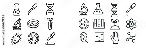 Science icons illustrating various laboratory equipment, biochemistry, and microbiology concepts in a clear and organized layout