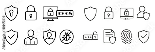 Security icons representing digital protection, privacy measures, and user authentication methods in a modern context