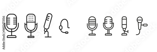 Variety of microphones on display showcasing different types and styles for audio recording and broadcasting purposes