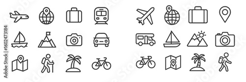 Travel icons representing different modes of transportation and activities for adventure seekers and explorers