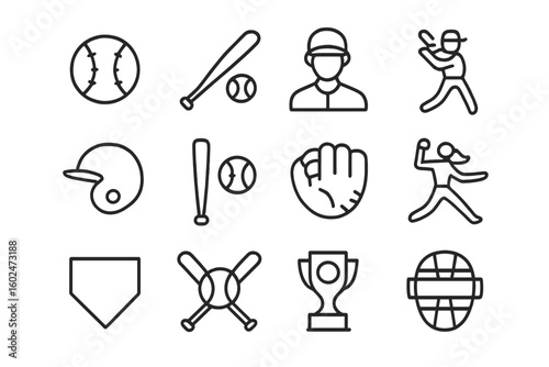 Baseball themed icons showcasing equipment, players, and trophies during a matchday celebration