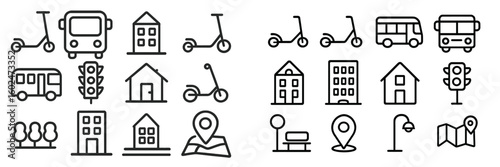 Variety of urban transportation icons representing different modes of commuting and city infrastructure in a minimalist design