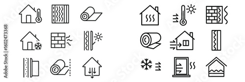 Symbols depicting various types of insulation, temperature control, and home energy efficiency solutions in a residential setting