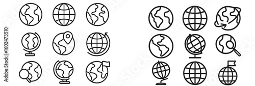 Collection of globe illustrations showcasing various representations of the Earth and geography concepts in a minimalistic style