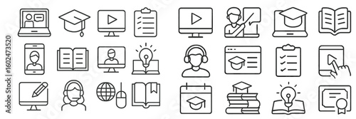Icons representing online education tools and resources for virtual learning and student engagement