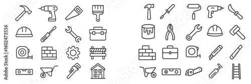 Collection of construction and handyman tools with safety gear for home improvement at a workshop setting