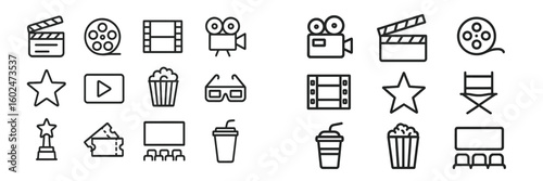 Icons representing various aspects of filmmaking and cinema, displayed in a grid format for digital media use