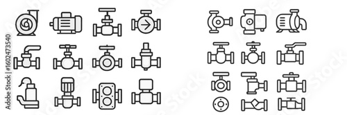 Various types of industrial flow control equipment illustrated in a clear and simplified manner showcasing different valves and pumps