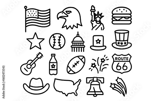 Collection of patriotic symbols representing American culture and traditions in a playful style