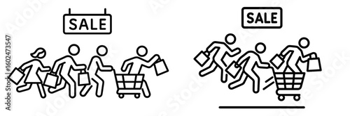 Busy shoppers rushing during a sale event in a retail store as signs display discounts