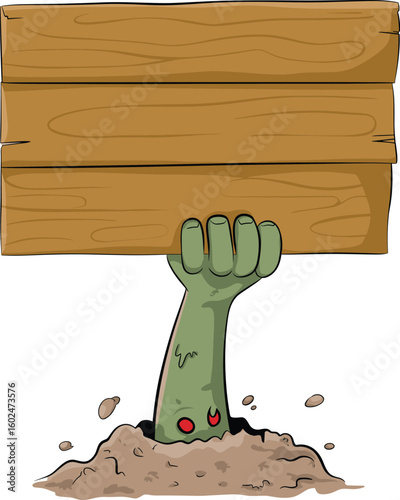 Zombie hand emerging from ground, holding wooden sign, Halloween illustration with eerie and creepy vibe, horror-themed design element, spooky undead vector artwork