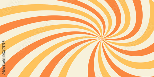 Swirling radial ice cream background. Orange groovy vortex spiral twirl. Twirl sunburst psychedelic pattern. Orange lollipop texture. Swirl candy background. Vector illustration.