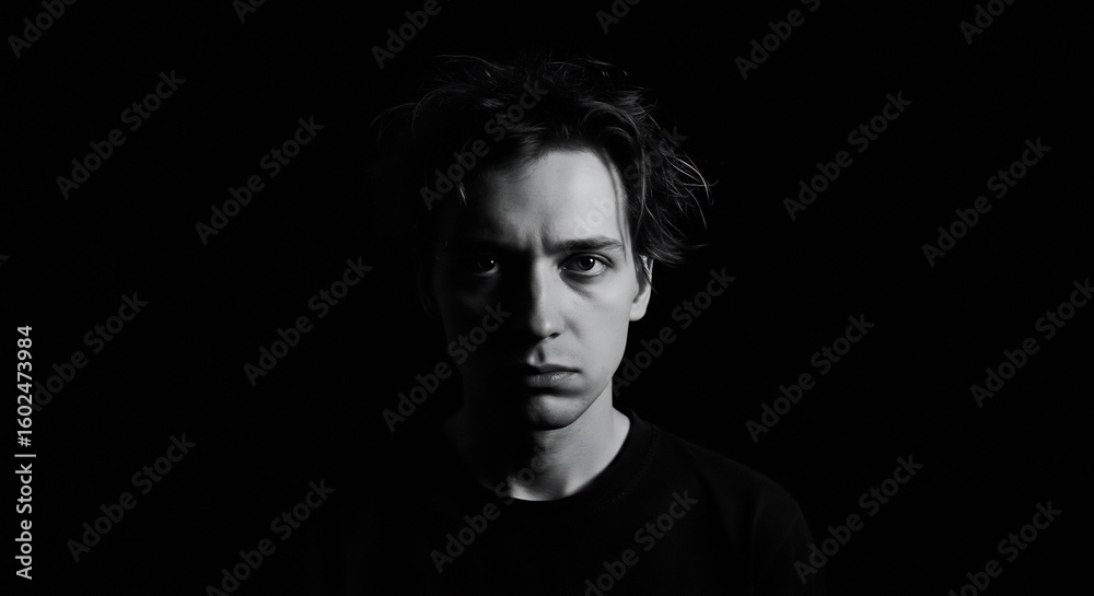 Naklejka premium Dramatic black and white portrait of a young man with an intense gaze. Chiaroscuro lighting creates a moody and mysterious atmosphere.