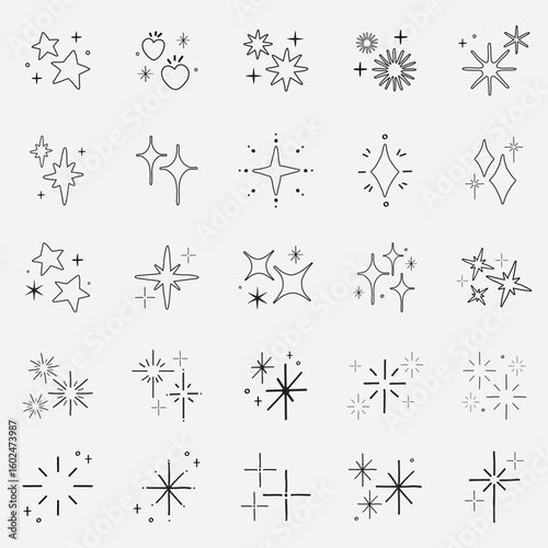 Collection of hand-drawn star icons. Various star designs in black and white. Simple star shapes, decorative star elements, and minimalist star illustrations. Element vector set.