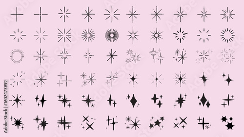 Collection of hand-drawn star icons. Various star designs in black and white. Simple star shapes, decorative star elements, and minimalist star illustrations. Element vector set.