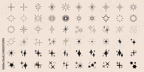 Collection of hand-drawn star icons. Various star designs in black and white. Simple star shapes, decorative star elements, and minimalist star illustrations. Element vector set.