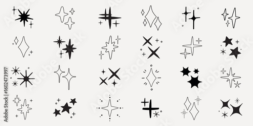 Collection of hand-drawn star icons. Various star designs in black and white. Simple star shapes, decorative star elements, and minimalist star illustrations. Element vector set.