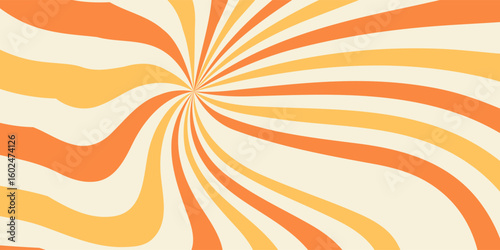 Swirling radial ice cream background. Orange groovy vortex spiral twirl. Twirl sunburst psychedelic pattern. Orange lollipop texture. Swirl candy background. Vector illustration.